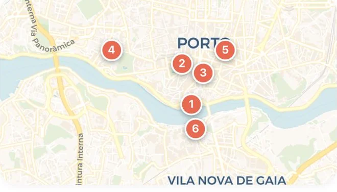 Mapa de Oporto con las seis paradas del viaje numeradas