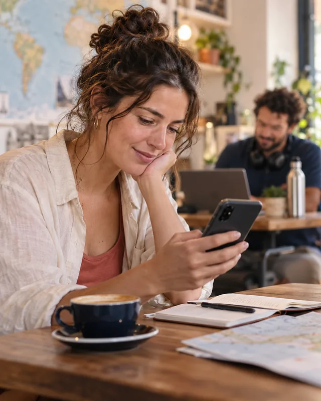 Una viajera en una cafetería mirando el móvil, con un cuaderno y un mapa desplegado sobre la mesa