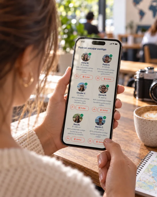 Una viajera mirando en el móvil la pantalla de TravelMatch con las personas que podrían encajar con ella y su porcentaje de compatibilidad