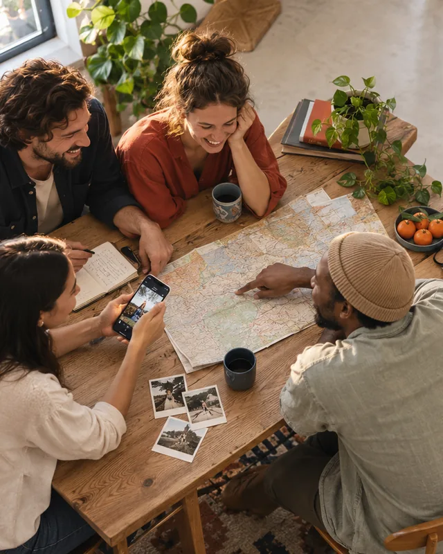 Cuatro amigos alrededor de una mesa con un mapa desplegado, un móvil y unas fotos reveladas, planeando juntos su viaje